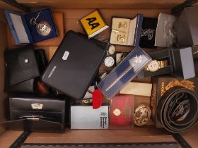 A mixed collection of items to include watches, modern pocket watch, cufflinks, AA badge, wallets