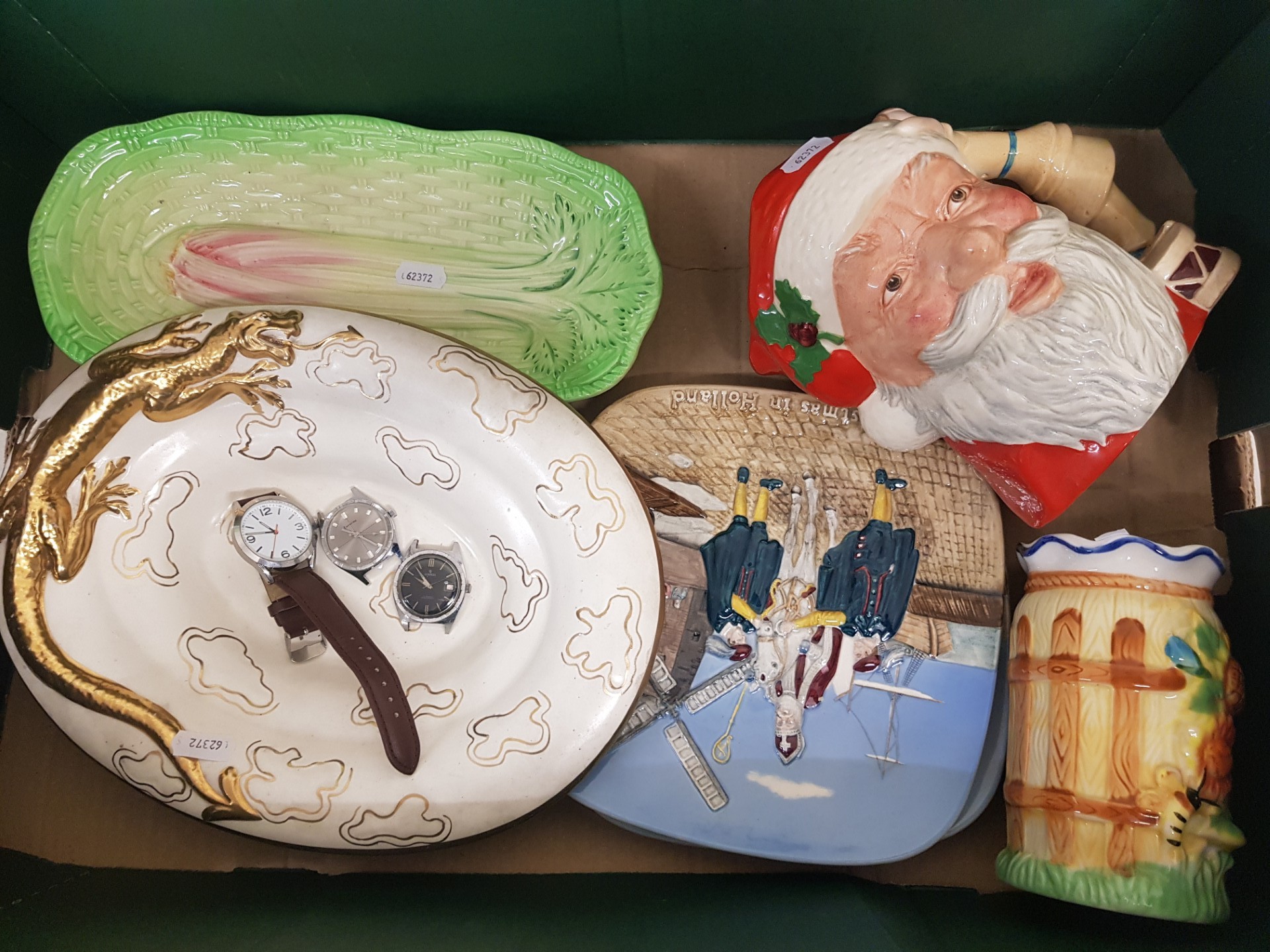 A mixed collection of items to include a Falcon Ware dragon dish, Beswick celery plate, 2nds Royal