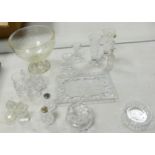A mixed collection of glass items to include Lybster footed bowl, jugs, salt and pepper pots,