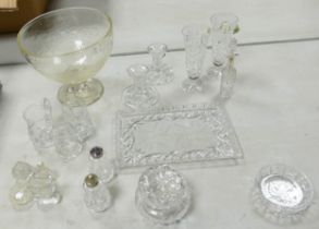 A mixed collection of glass items to include Lybster footed bowl, jugs, salt and pepper pots,