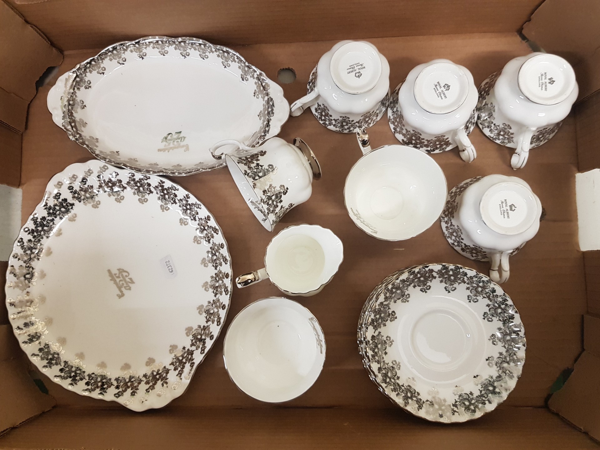 Royal Albert 25th Anniversary pattern tea ware to include 6 cups, 6 saucers, cake plate, milk jug,