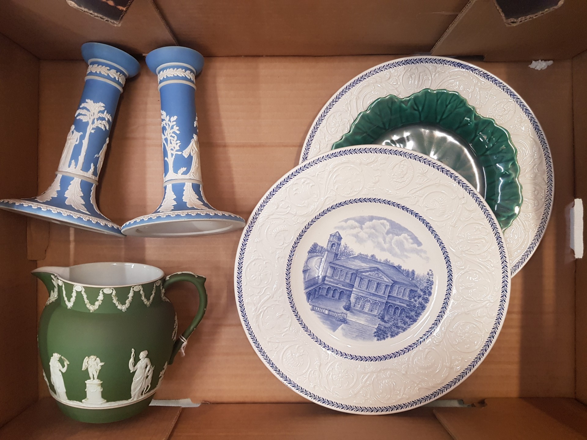 Wedgwood sage green dip jug, together with a pair of blue dip candlestick holders and decorative