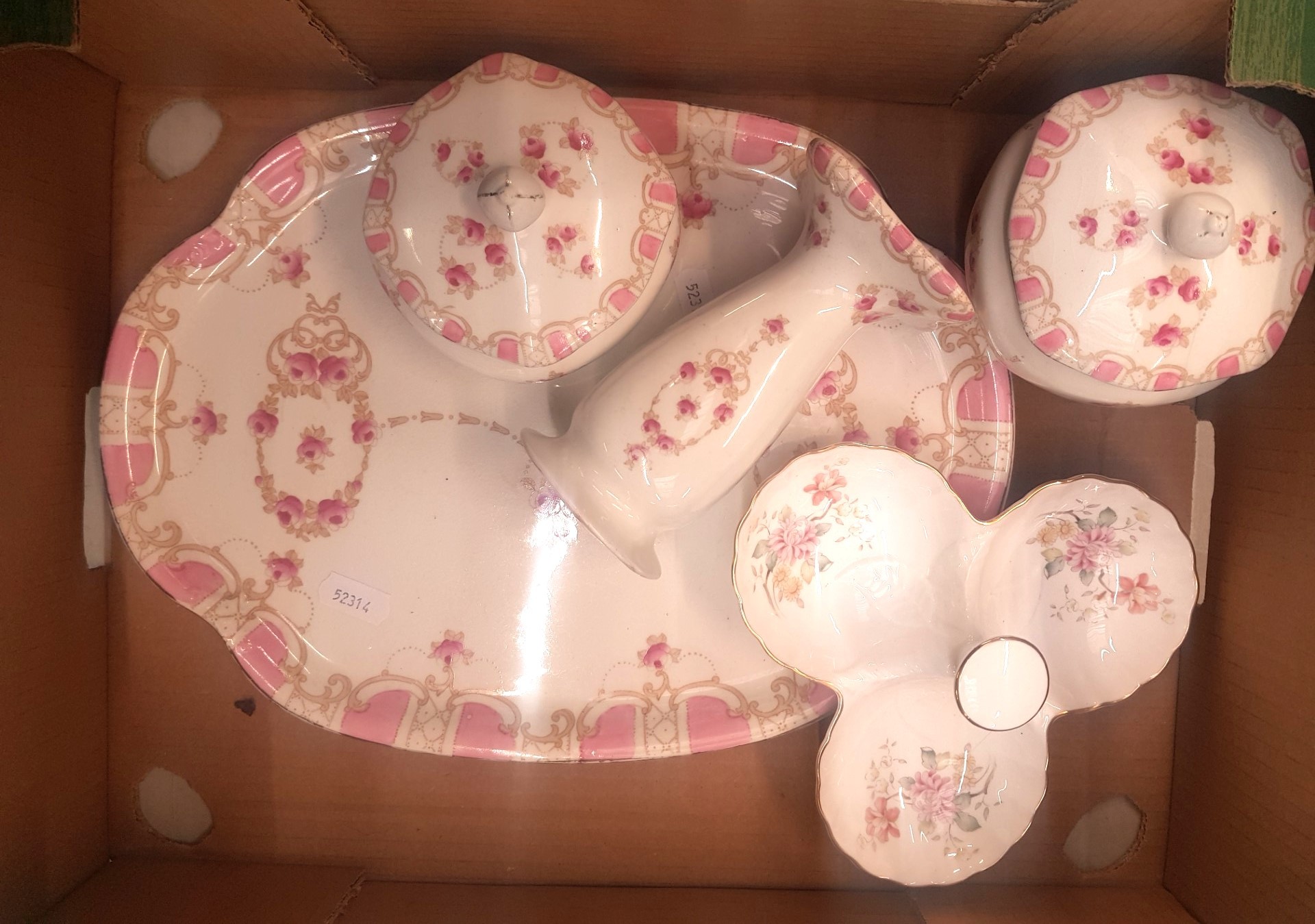 A collection of Victorian Whieldon Ware pink and floral ladies dressing table items together with