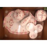A collection of Victorian Whieldon Ware pink and floral ladies dressing table items together with