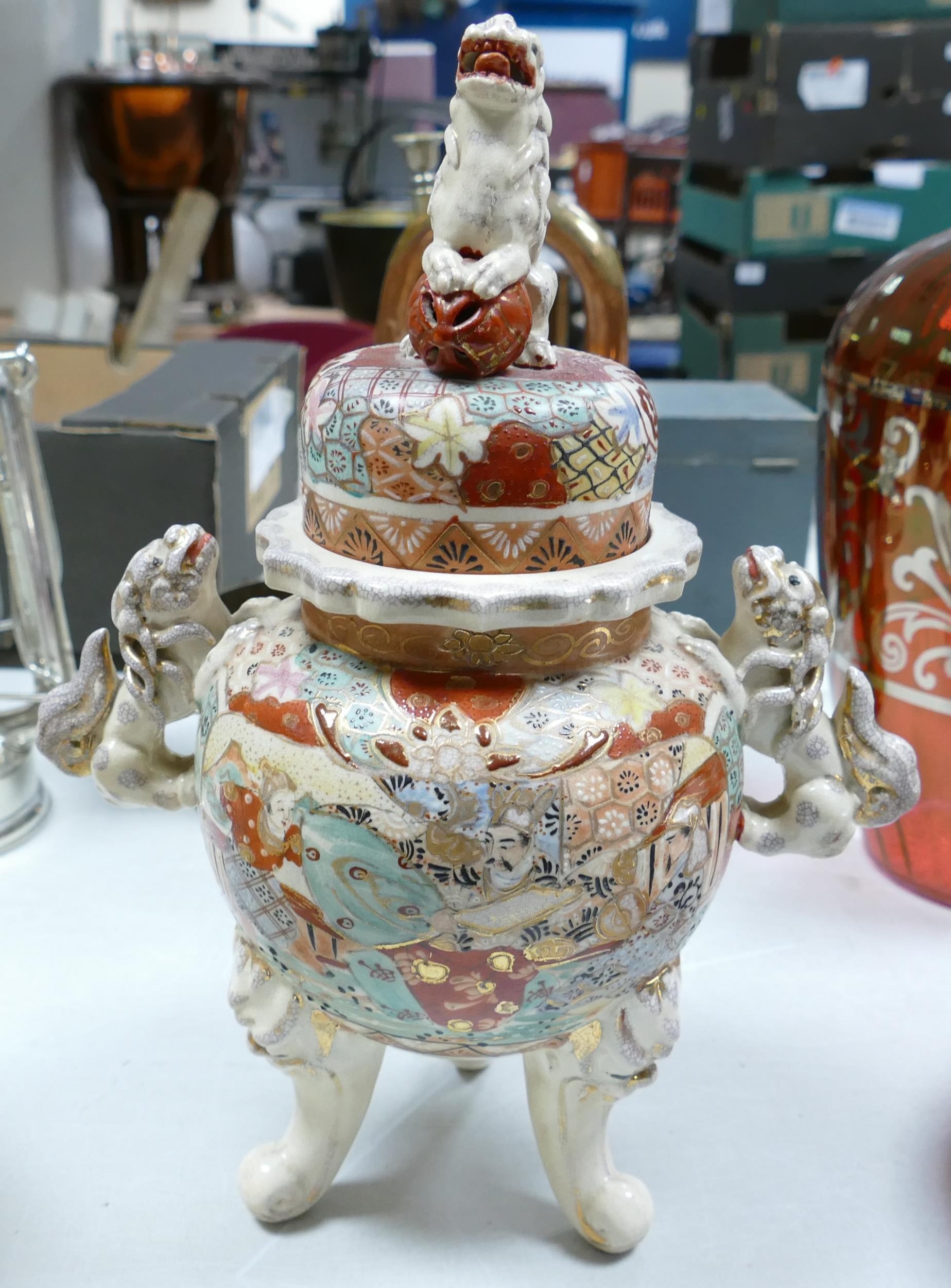 Three Footed Japanese Satsuma Lidded Urn. H: 23.5cm