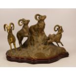 Large Brass Figure of Mountain Goats on Wooden Plinth