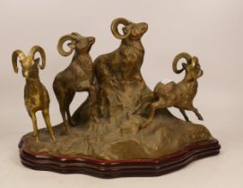Large Brass Figure of Mountain Goats on Wooden Plinth