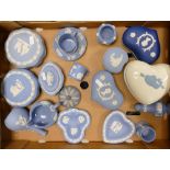 Wedgwood Jasperware to include milk jug, cup and saucer, lidded pots, bud vase, etc (1 tray)