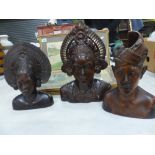 Three Carved Busts of Female Tribal Women of the Philippines or Bali. Height of tallest: 33cm (3)