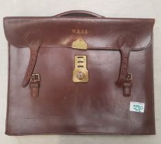 Vintage brown leather briefcase, initialled WMGB.