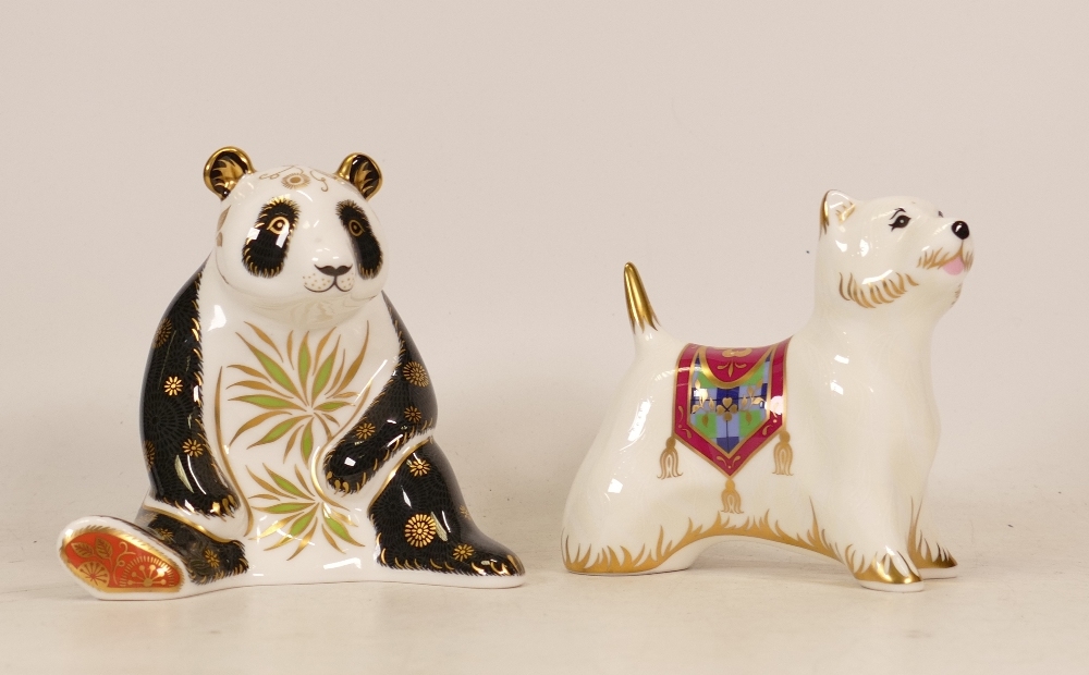 Royal Crown Derby Paperweights to include Giant Panda and West Highland Terrier, gold stoppers (2)