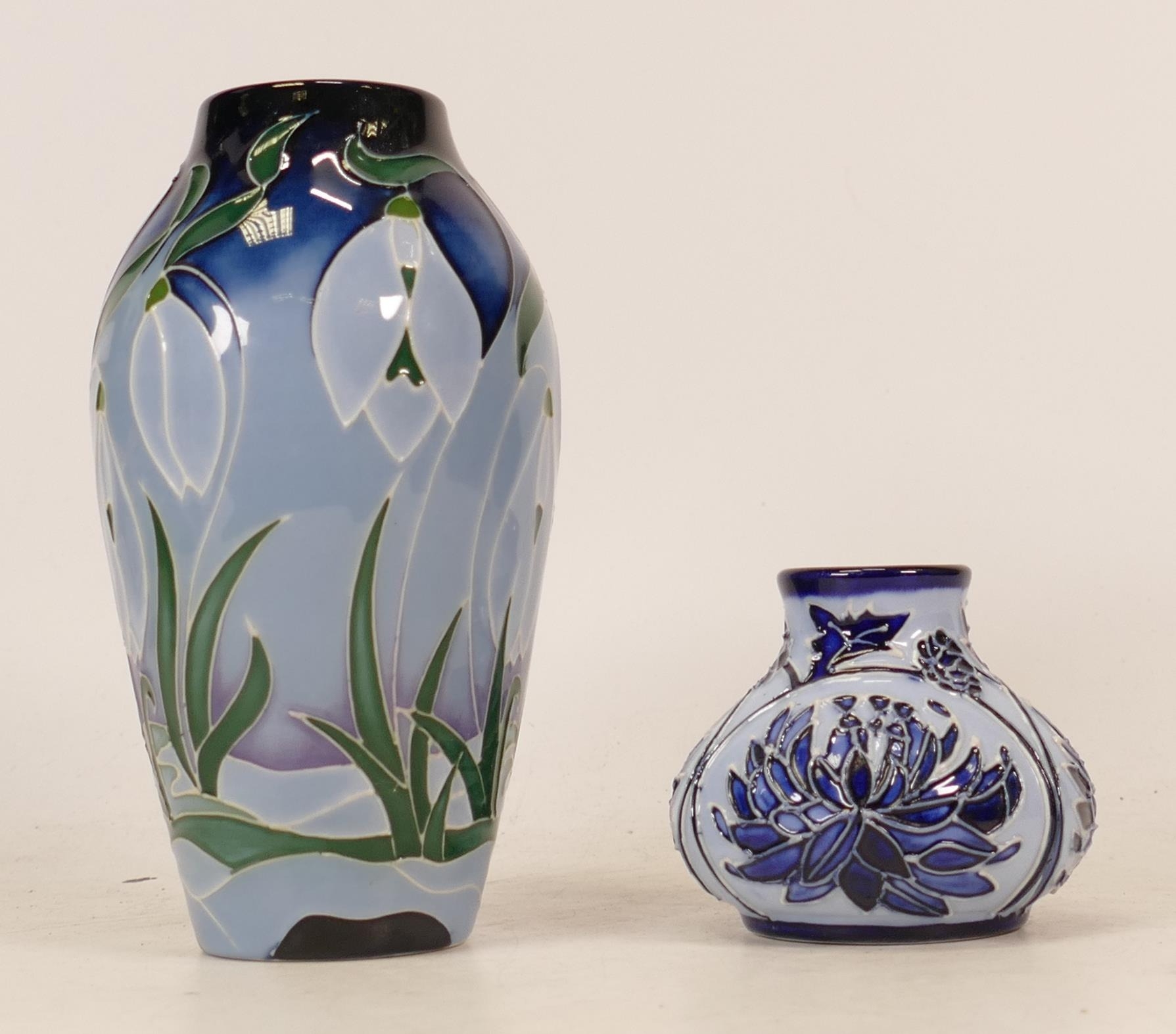 Moorcroft one star Collectors Club snowdrop vase (boxed) together with blue on blue small squat vase