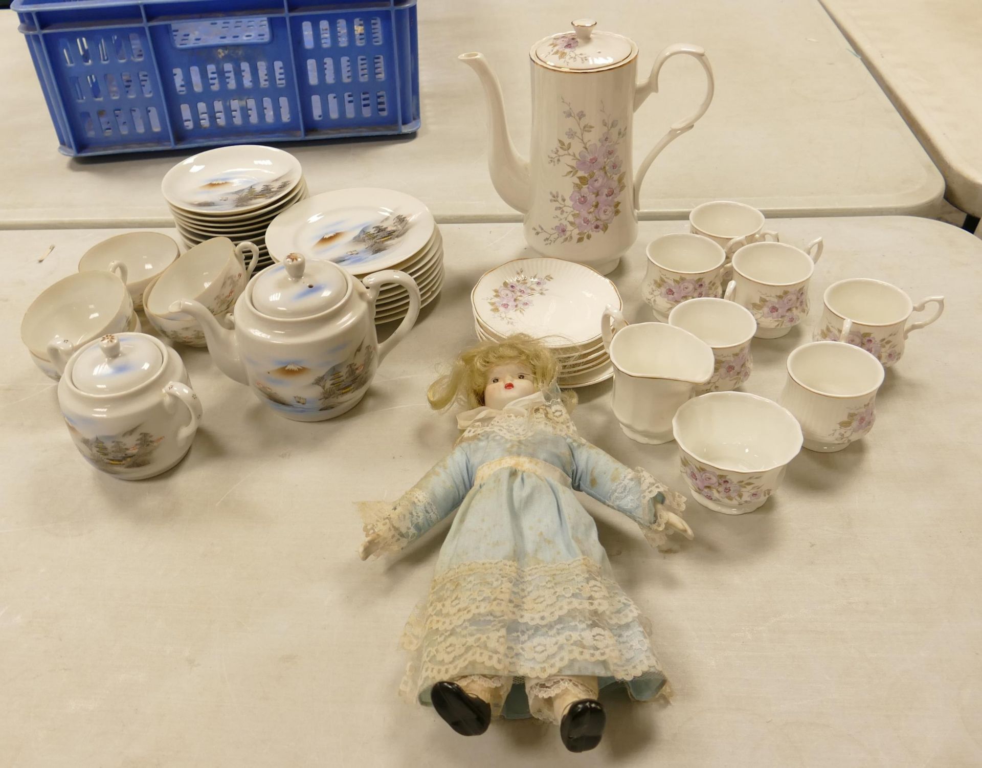 A mixed collection of items to include Japanese teaware items, dol and purple floral teaware (1