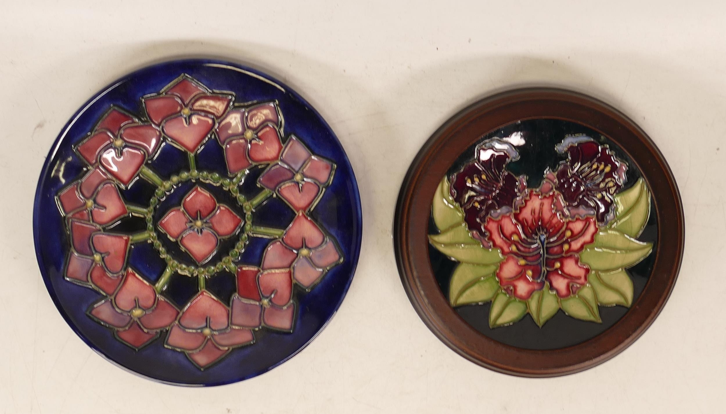 Framed Moorcroft pin dish in the Red Hibiscus pattern (silver line seconds) and small Violets plate,