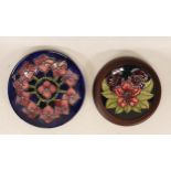 Framed Moorcroft pin dish in the Red Hibiscus pattern (silver line seconds) and small Violets plate,