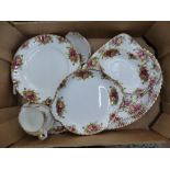Royal Albert old country roses items to include 6 dinner plates, 2 oval platters, cake plate, milk
