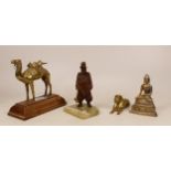 Four Continental and Eastern Figures to include a Carved Wooden Man on Onyx Base, Brass Camel on