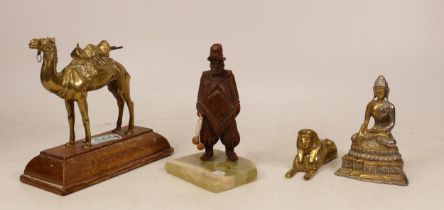 Four Continental and Eastern Figures to include a Carved Wooden Man on Onyx Base, Brass Camel on