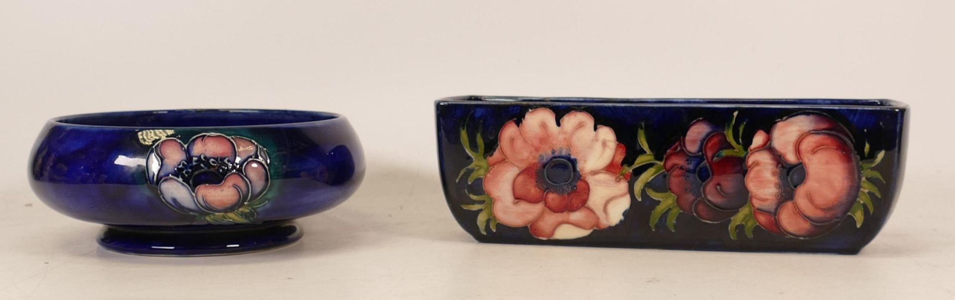 Moorcroft Anemone patterned small rectangular planter together with Anemone footed bowl, both on