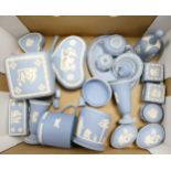 A Collection of Wedgwood Blue Jasperware items to include Lidded Pots, Miniature Teaset (teapot