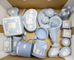 A Collection of Wedgwood Blue Jasperware items to include Lidded Pots, Miniature Teaset (teapot