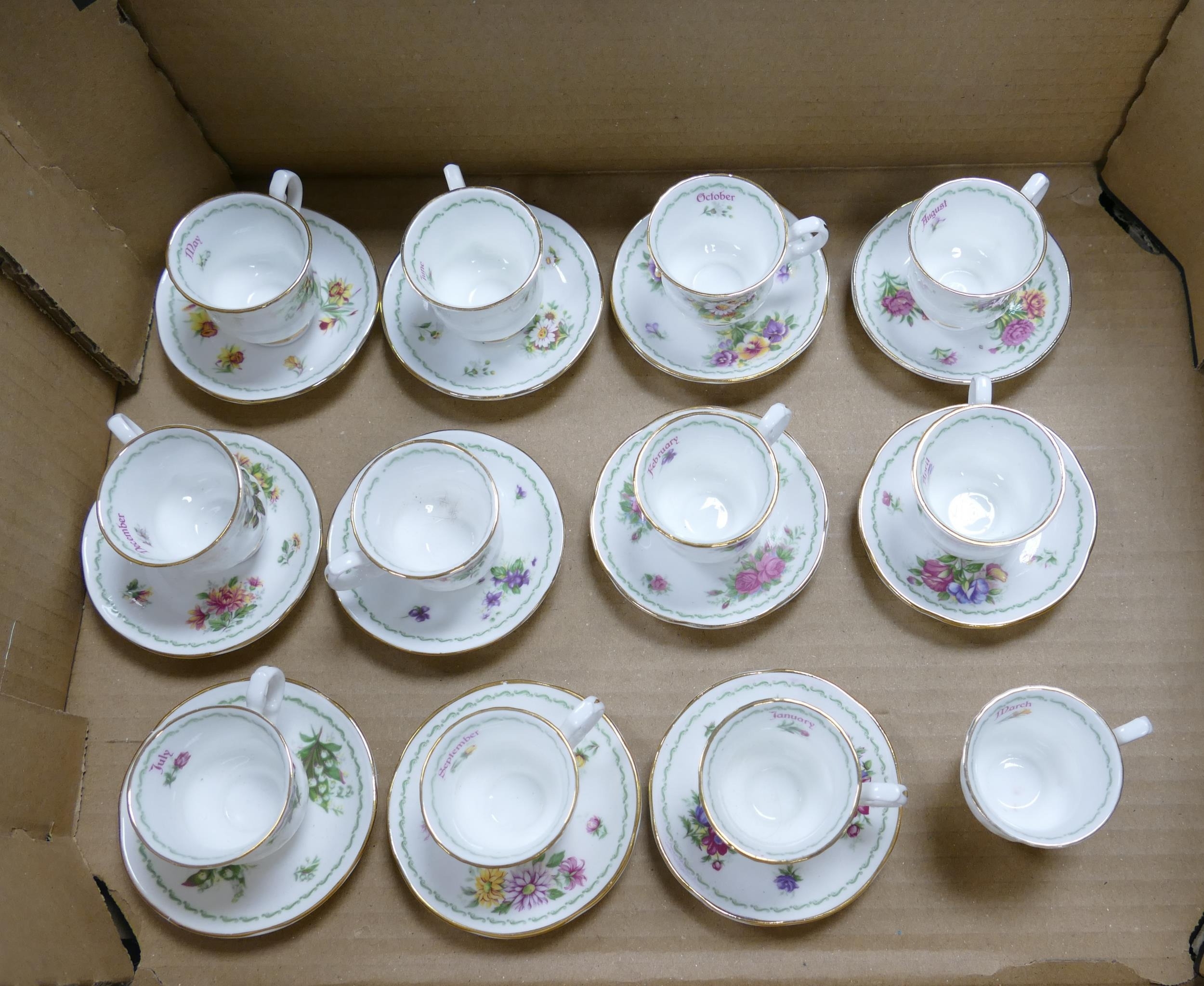 Queens China, A Miniature Set of Twelve Teacups representing the Months of the Year. One Saucer - Image 2 of 2