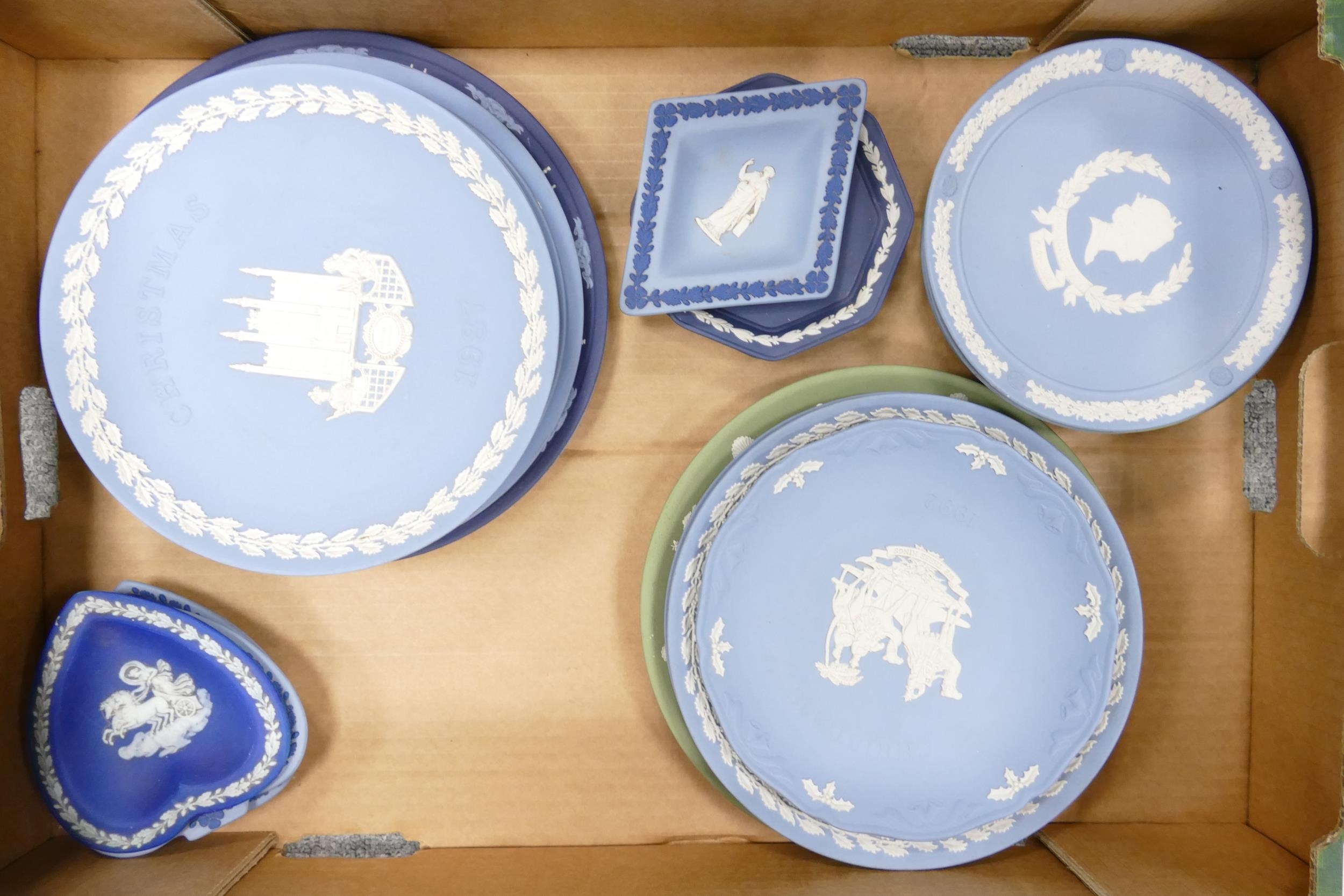 A Good Collection of Wedgwood Jasperware Plates and Dishes in Blue, Kings Blue and Sage Colourways