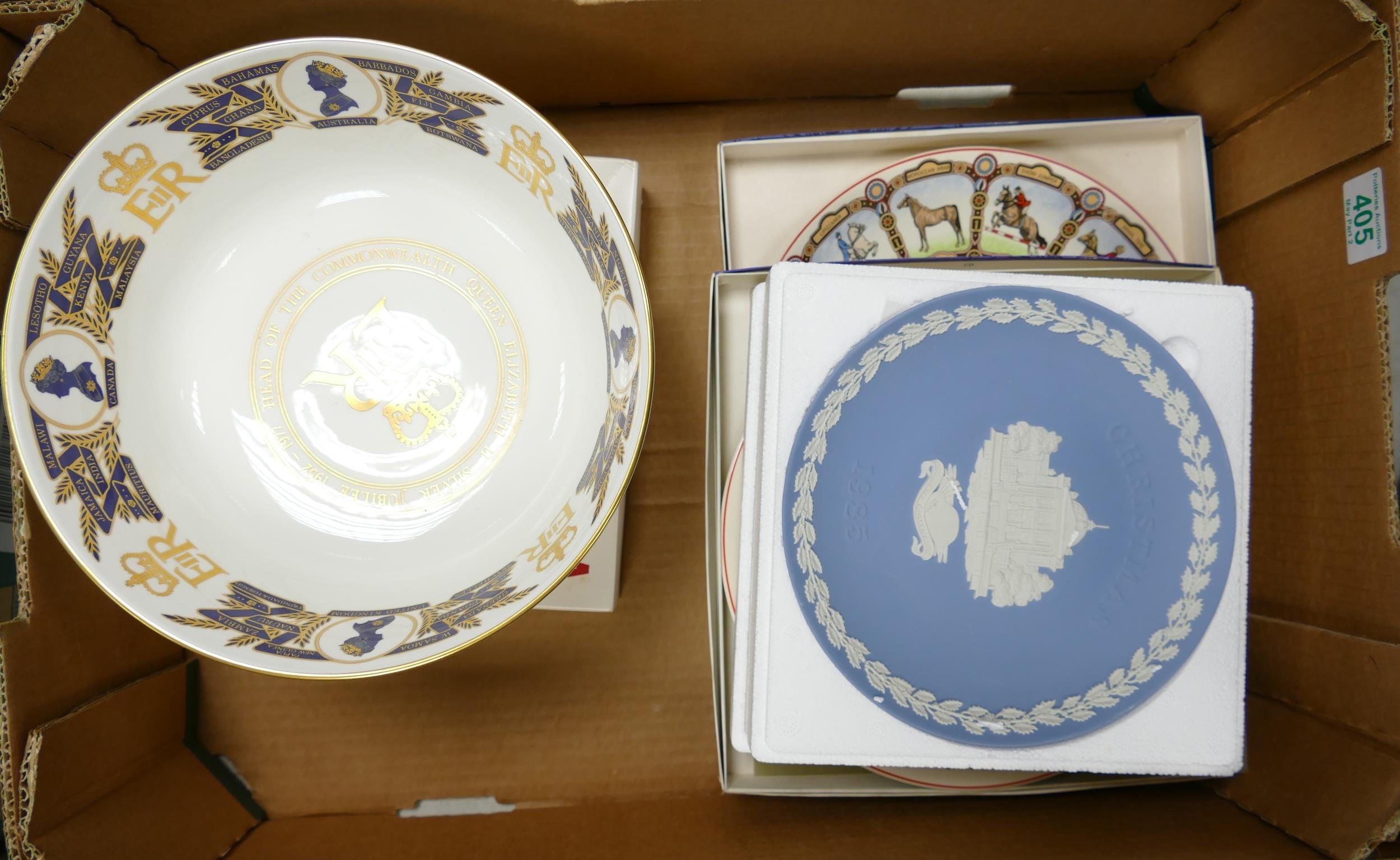 Coalport Silver Jubilee limited edition bowl together with three Wedgwood plates .