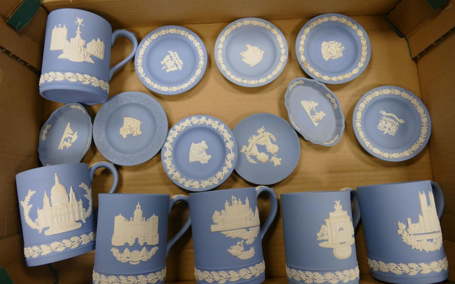 A collection of Wedgwood Jasperware to include 6 tankards, circular and oval pin dishes (1 tray)