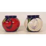 Moorcroft small vases in red rose pattern and white rose pattern, height 6cm