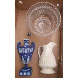 Adams blue jasperware lidded urn together with a 'Punch & Judy' theme early 20th century jug and a