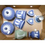 A Collection of Wedgwood Kings Blue Jasperware to include Lidded Pots, Cache Pots, Small Urn