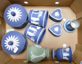 A Collection of Wedgwood Kings Blue Jasperware to include Lidded Pots, Cache Pots, Small Urn