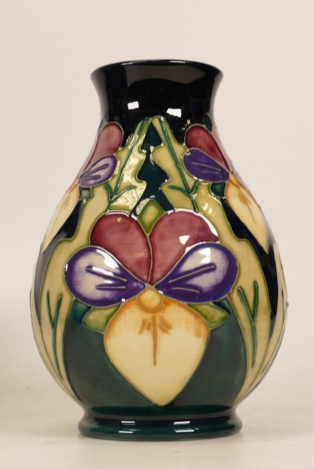 Moorcroft Heartsease patterned vase, silver line seconds, height 14cm, boxed