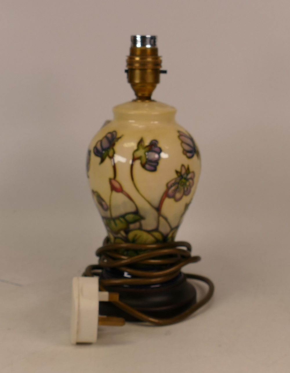 Moorcroft hepatica lamp base. Height to fitting 19cm. Crazing