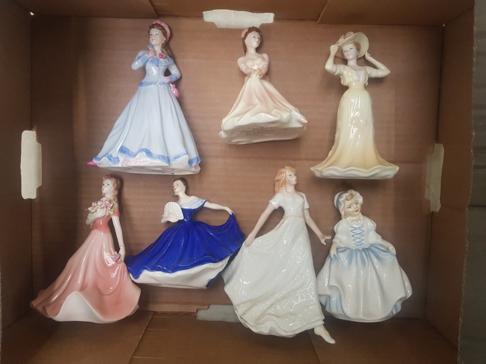 A group of 3 small Coalport figures, together with a group of 3 Royal Doulton small figures (1