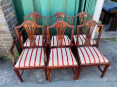 A set of 6 reproduction Hepplewhite style Mahogany dining chairs with 2 carvers (6 total)