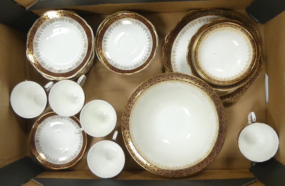 Duchess burgundy and gilt tea ware to include side plates, saucers, bowl, cups, dip bowls etc ( 1