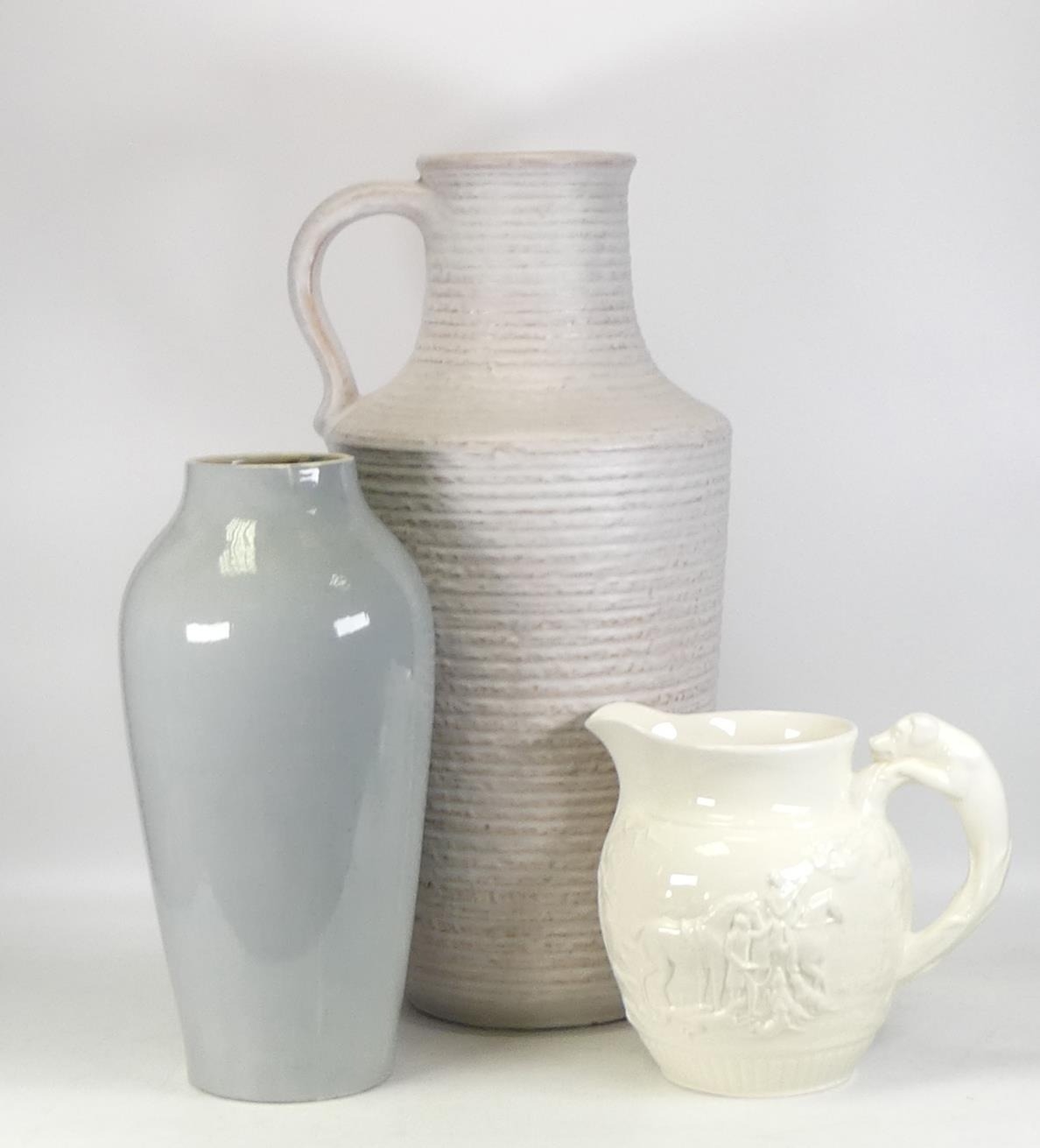 Large West Germany handled vase together with Dilford studio pottery vase and Wedgwood hunting scene