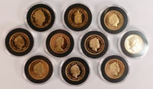 10 x double sovereign (£2) 22ct gold coin designs 1980 - 2107. Gross weight 159g. Original