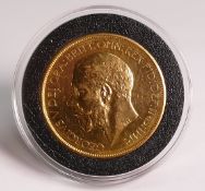 George V proof gold £5 five pounds coin 1911, purchase cost £30,800, invoice included.