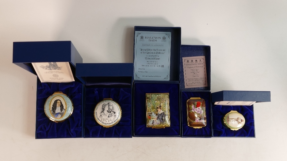 Halcyon days enamelled lidded boxes to include Restoration of the Monarchy Charles II , State