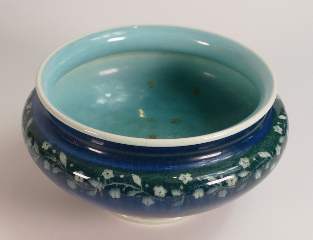 Ruskin high fired bowl in a dark blue glaze, decorated with a band of flowers, dated 1925, impressed - Image 2 of 4