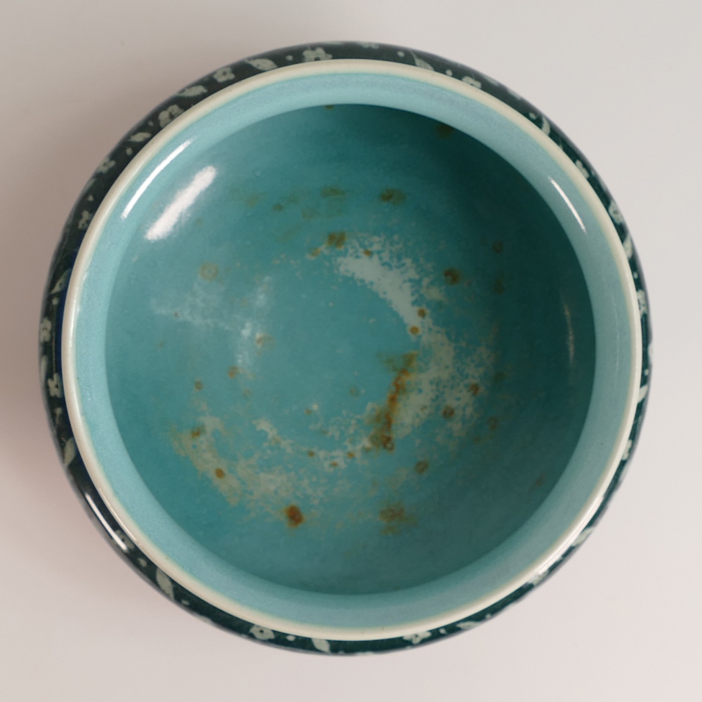 Ruskin high fired bowl in a dark blue glaze, decorated with a band of flowers, dated 1925, impressed - Image 3 of 4