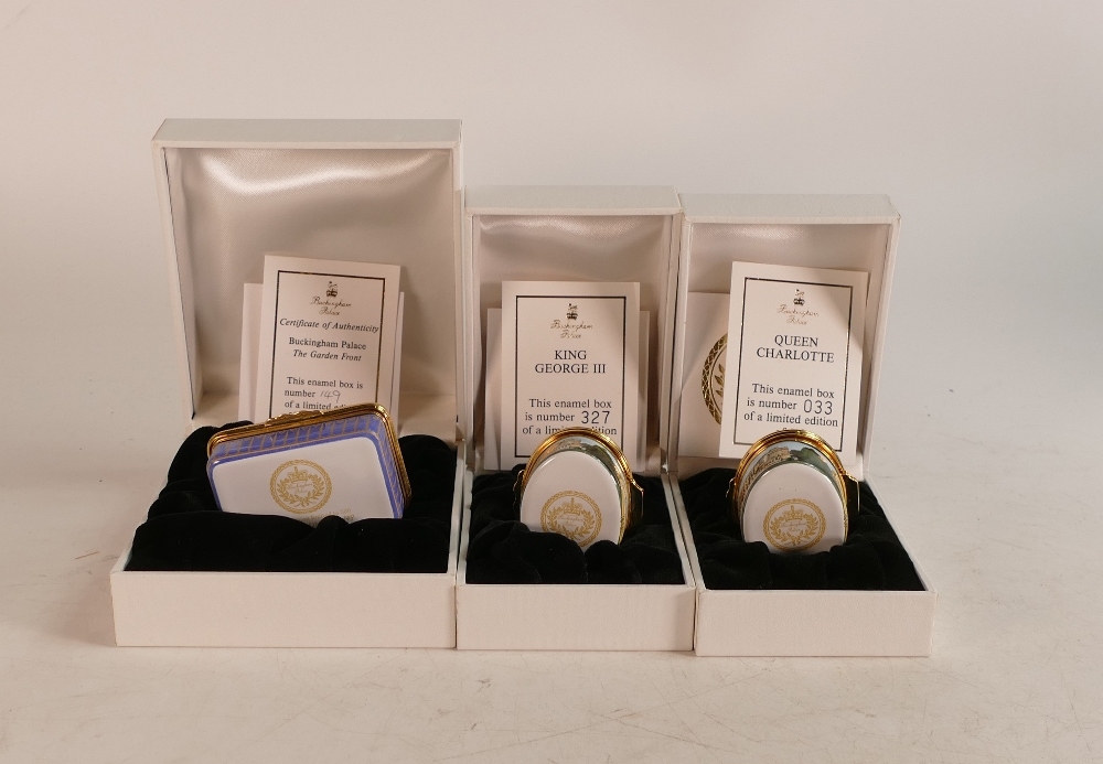 Buckingham Palace enamelled lidded boxes to include The Garden Front , King George III and Queen - Image 2 of 2