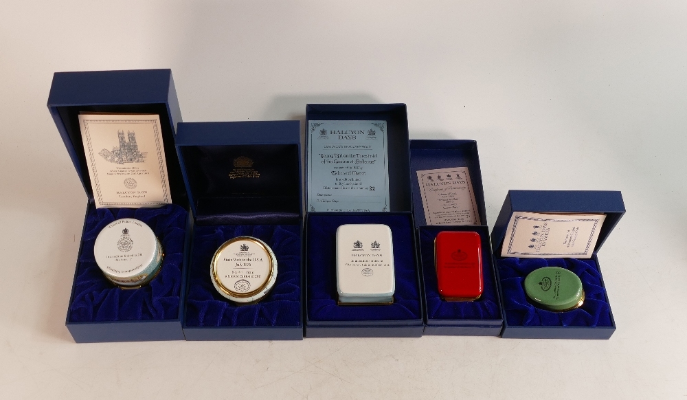 Halcyon days enamelled lidded boxes to include Restoration of the Monarchy Charles II , State - Image 2 of 2