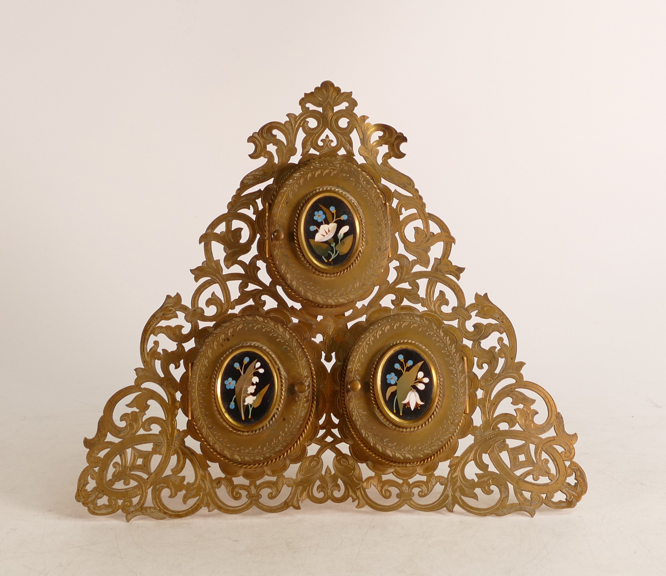 Victorian Pietra Dura and brass three panel picture frame. Made by Howell, James & Co. of Regent