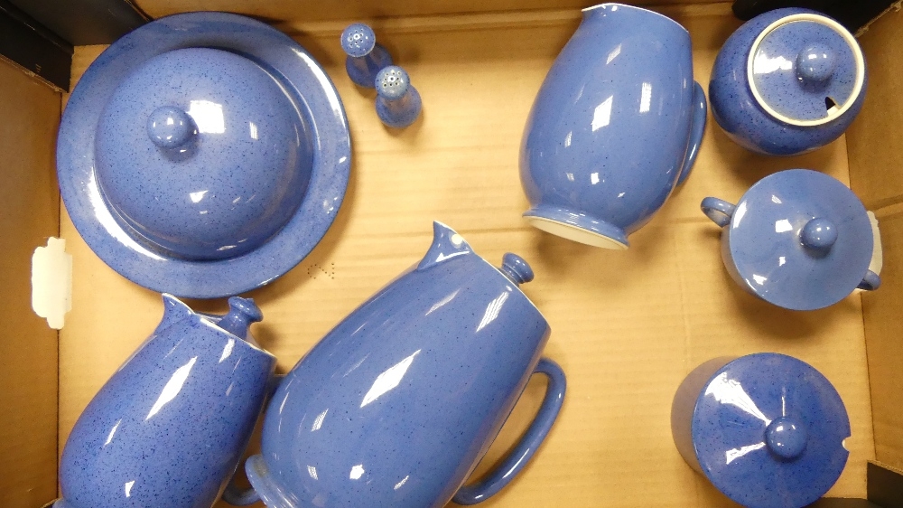 A collection of Moorcroft powder blue items to include 3 preserve pots, salt n pepper, small