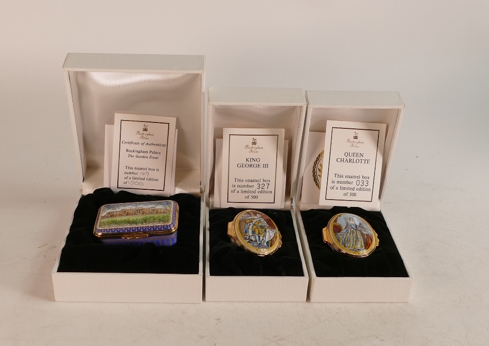 Buckingham Palace enamelled lidded boxes to include The Garden Front , King George III and Queen