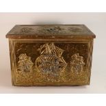 Brass Log Bin with Relief Galleons to Lid and Sides. Height: 28cm